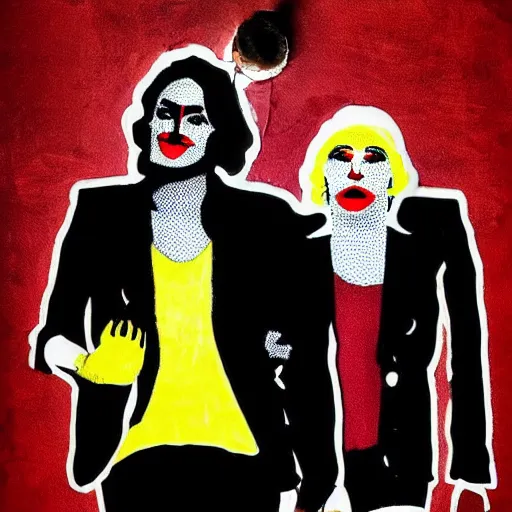 Image similar to mimmo rottela and banksy as joaquin phoenix skinny joker holding hand lady gaga harley queen, very realistic, intricate details, pop art style, concept art, confident, love, random object movement, 3 colours, arstation trending, proportional body, warm color, 4 k, ultra smooth, sharp focus