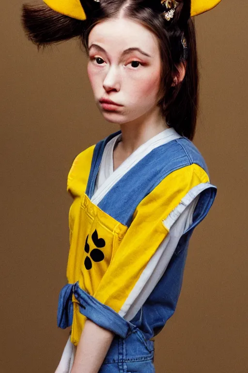 Image similar to girl with brown hair, short horns, long animal ears, a yellow t - shirt and blue overalls, geisha portrait