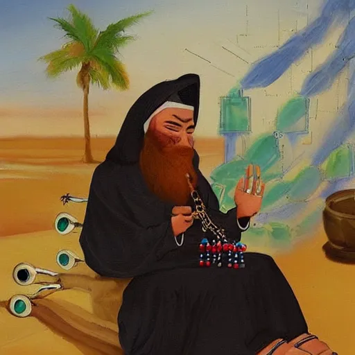 Image similar to a robot who wears muslim clothes, has a long beard, holds a rosary, and wears an arab abaya, oil painting