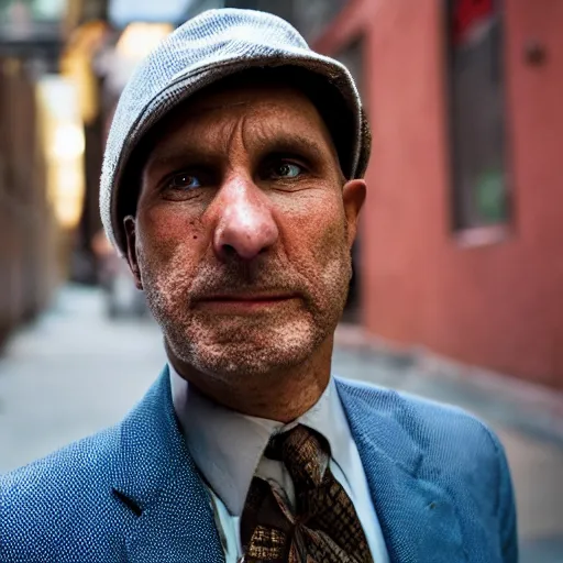 Prompt: closeup portrait of a snake oil salesman in a smoky new york back street, photograph, natural light, detailed face, magazine, press, photo, Steve McCurry, David Lazar, CANON Eos C300, ƒ1.8, 35mm, 8K