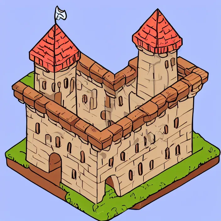 Image similar to isometric cartoon art of a small castle, white background