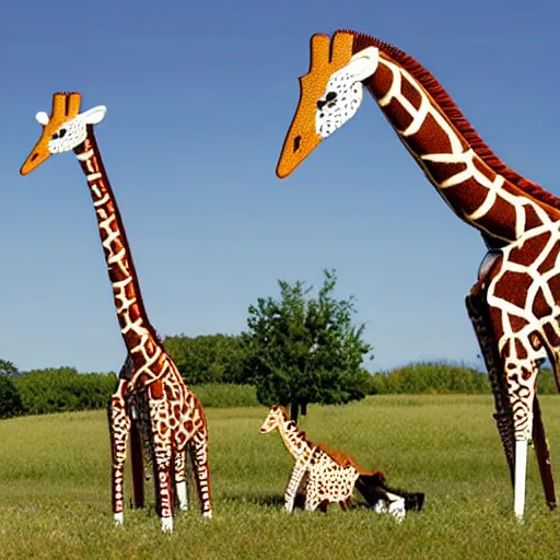 Image similar to mechanical giraffes, having a picnic, realistic,