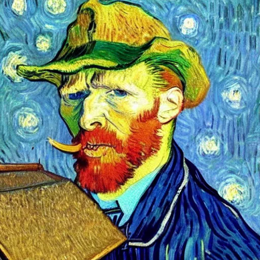 Prompt: An impressionist painting of Van Gogh laughing, sitting at a lighted table wearing a baseball cap looking very chill in the style of Van Gogh