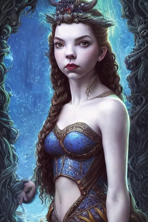 Image similar to A fantasy comic book style portrait painting of Anya Taylor-Joy, Cory Chase, hybrid, as an Atlantean Reptilian Warrior, François Boucher, Oil Painting, Mystical Valkyrie, unreal 5, DAZ, hyperrealistic, octane render, Regal, Refined, Detailed Digital Art, RPG portrait, Michael Cheval, William-Adolphe Bouguereau, Walt Disney (1937), Steampunk, dynamic lighting, Highly Detailed, Cinematic Lighting, Unreal Engine, 8k, HD