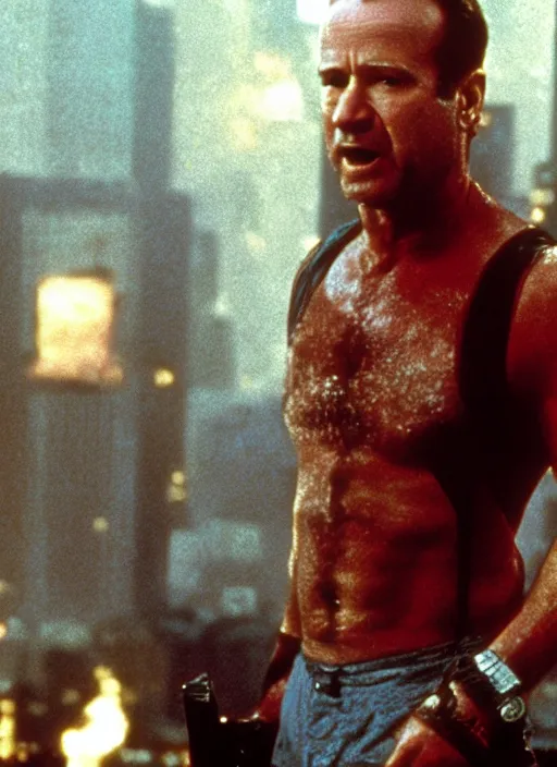 Image similar to film still of Robin Williams as John McClane in Die Hard, 4k