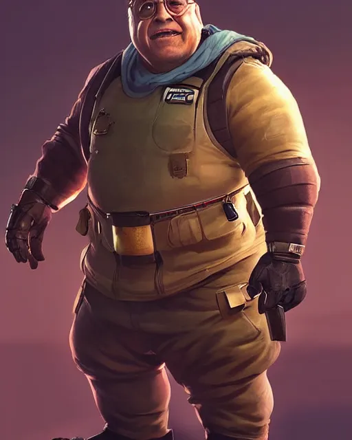 Prompt: Small fat man demolitionist who resembles danny devito as an Apex Legends character digital illustration portrait design by, Mark Brooks and Brad Kunkle detailed, gorgeous lighting, wide angle action dynamic portrait