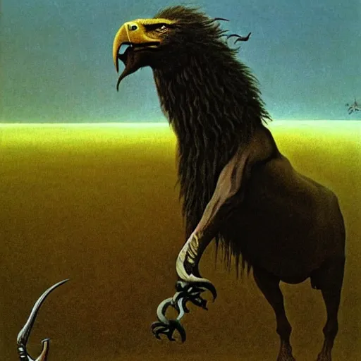 Image similar to a creature with the body and eyes of a man, with the beak of an eagle, the mane of a lion, and the horn of an bull. drawn by zdzislaw beksinski