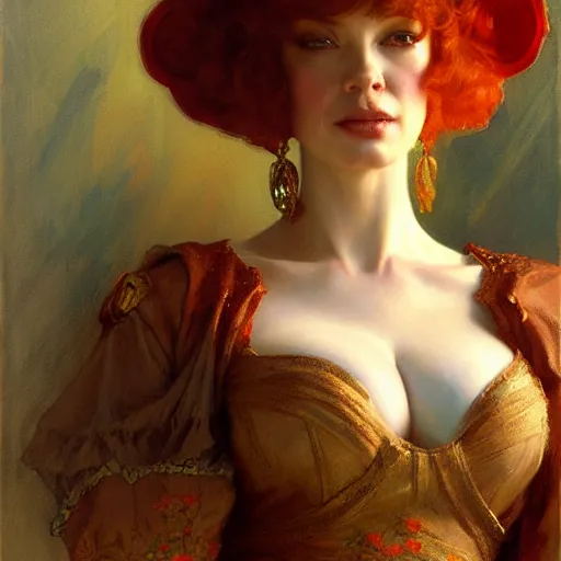 Image similar to christina hendricks. highly detailed painting by gaston bussiere, craig mullins, j. c. leyendecker