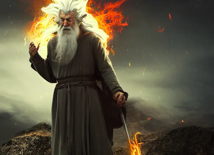 Prompt: gandalf going super saiyan around flames, beautiful landscape, dramatic lighting, cinematic, establishing shot, night time, heavy rain, extremly high detail, photorealistic, cinematic lighting, epic fight scene, post processed, concept art, artstation, matte painting, style by greg rutkowsky