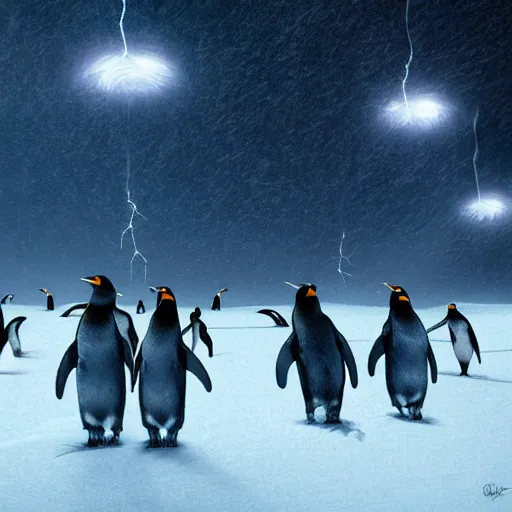 Image similar to penguins walking at night in a snowstorm, epic, illuminated by flashes of lightning, emerging from shattering glaciers in antarctica, very detailed, digital painting, concept art, cgsociety, artstation, beeple, octane render, norman rockwell, intricate