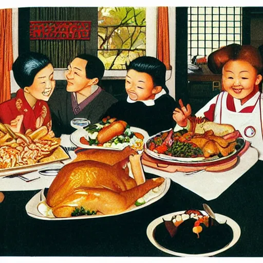 Image similar to normal rockwell's thanksgiving dinner illustration with japanese food. normal rockwell style. illustration. high quality.