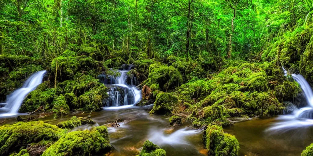 Image similar to beautiful stunning rainforest landscape with lake and waterfall and colorful flowers 4k hdr photography