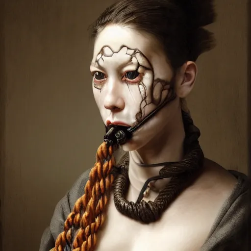 Image similar to portrait of a Shibari rope wrapped around the face and neck of an young female cyborg merchant, mouth wired shut, headshot, insanely nice professional hair style, dramatic hair color, digital painting, of a old 17th century, amber jewels, baroque, ornate clothing, scifi, realistic, hyper detailed, chiaroscuro, concept art, art by Franz Hals and Jon Foster and Ayami Kojima and Amano and Karol Bak,