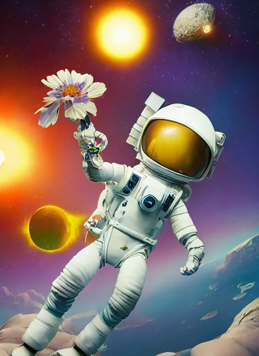 Prompt: An epic fantastic realism comic book style astroneer painting of the most beautiful flowers launched into space, bouquets, solar eclipse, fisheye, unreal 5, DAZ, hyperrealistic, octane render, dynamic lighting