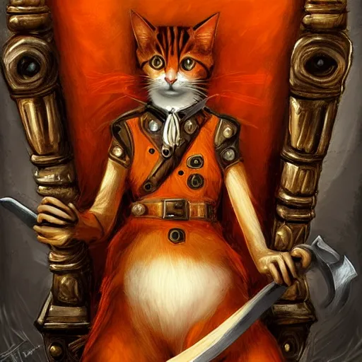 Image similar to a stunning portrait of an orange pirate cat sitting on a throne made of swords, digital art, trending on art station