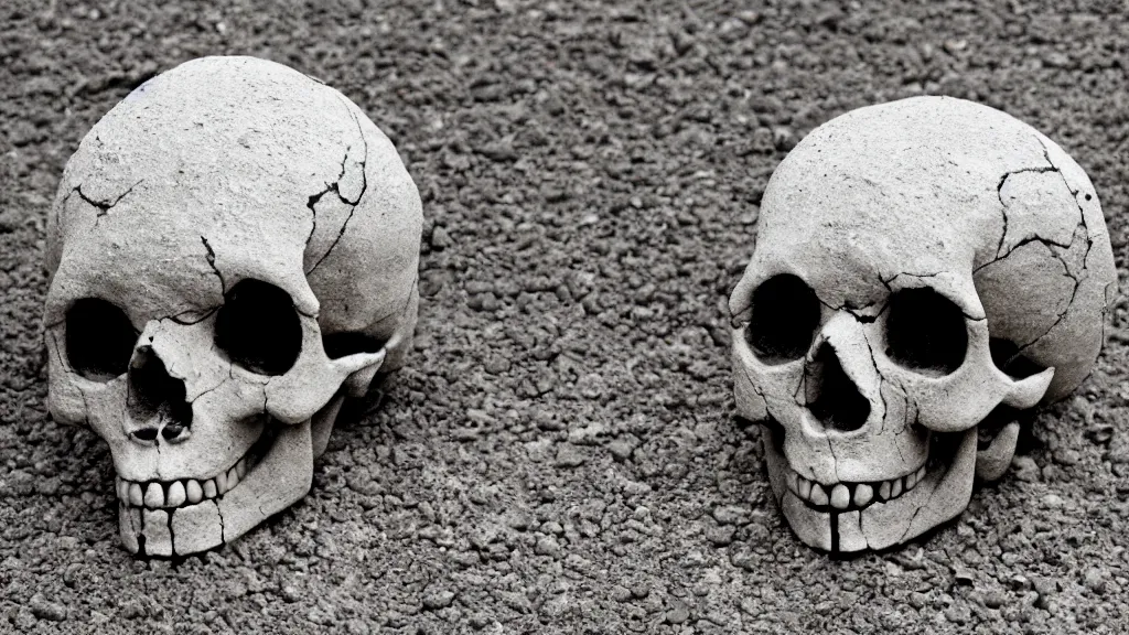 Prompt: a human skull made of Cement