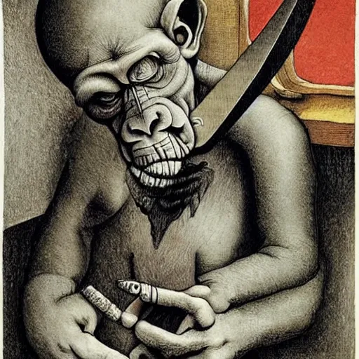 Prompt: Clever monkey with a long knife, very detailed and colorful, by Santiago Caruso, by M.C. Escher, by Michelangelo, beautiful, eerie, surreal, psychedelic