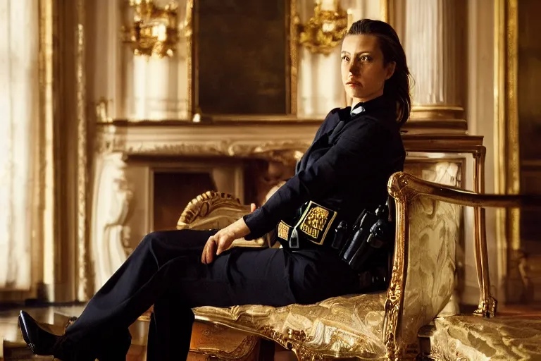 Image similar to cinematography closeup portrait of a beautiful woman cop in an decadent mansion foyer by Emmanuel Lubezki