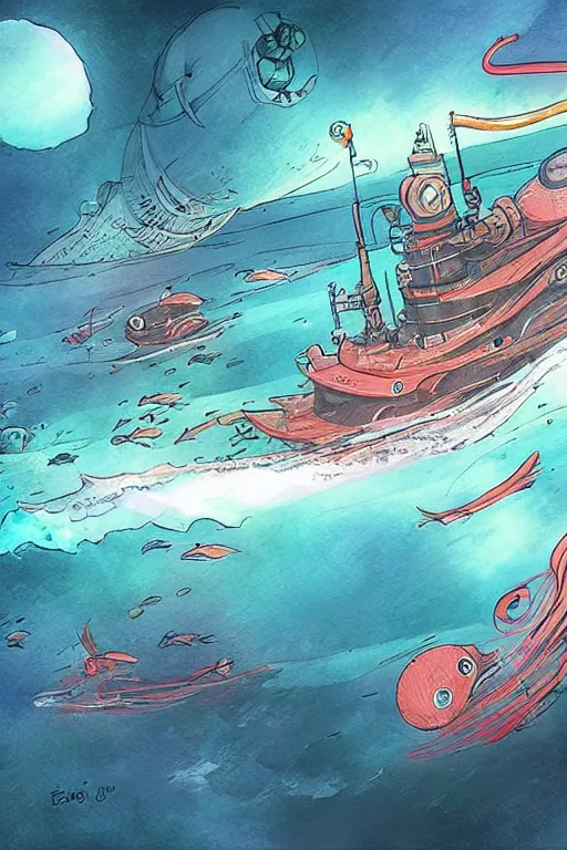 Image similar to journey to the deepest sea, art by eric - anthony johnson, sketch by jacqueline e, color by bo feng lin
