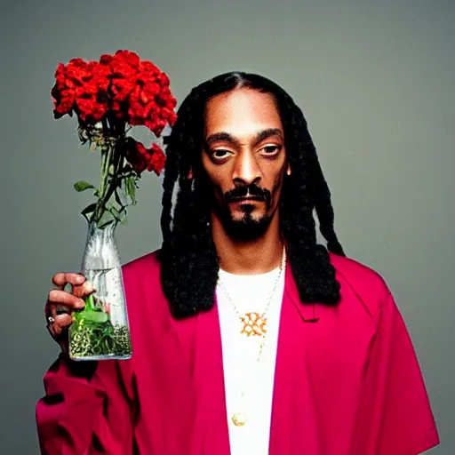 Image similar to cyperpunk Snoop Dogg holding a Vase of flowers for a 1990s sitcom tv show, Studio Photograph, portrait, C 12.0