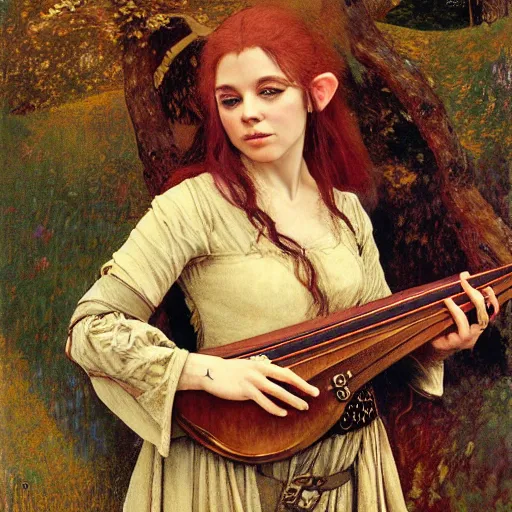 Prompt: half length portrait of billie ellish as a hobbit bard playing the mandolin, d & d, medieval, fantasy, giger, royo, klimt, miro, vallejo, frazetta, alphonse mucha, greg rutkowski, whealan