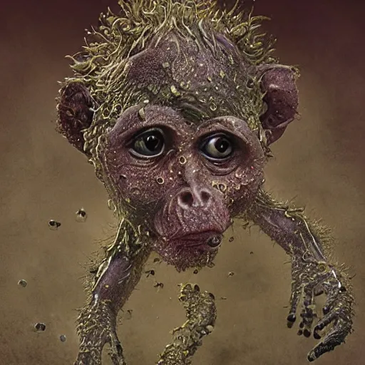 Prompt: measles on a deformed hideous pustule covered monkey, sores, bumps, skin wounds, surface hives, growths, horror, fantasy, highly detailed, by Dan Hillier, ooze, slime