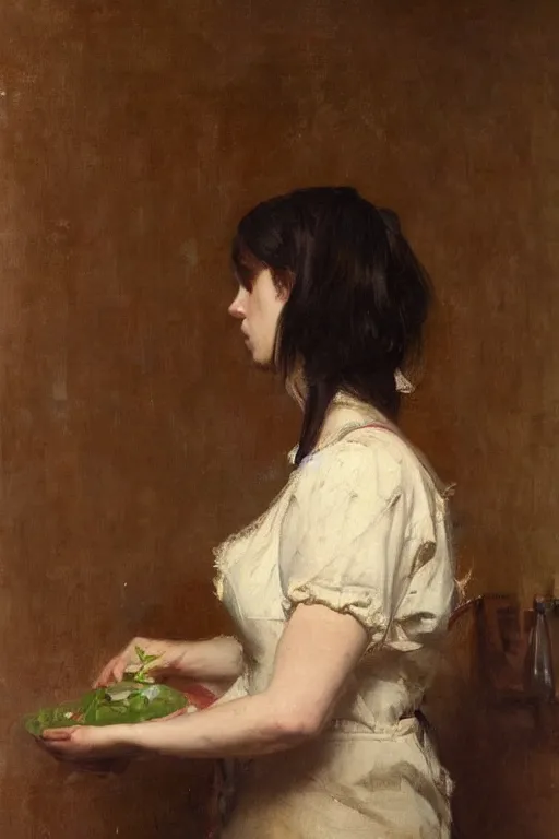 Image similar to Solomon Joseph Solomon and Richard Schmid and Jeremy Lipking victorian genre painting full length portrait painting of a young woman preparing a meal, red background