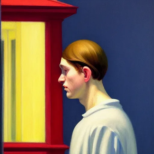 Prompt: A beautiful close-up of a young blind man, digital art by Edward Hopper, vibrant color scheme, highly detailed, in the style of romanticism, fine Art, high detail, great lighting, 8k resolution, masterpiece, concept art, illustration, clear eyes, soft lighting, soft details, painting oil on canvas, octane render, HDR, trending on artstation, 4k, 8k, HD