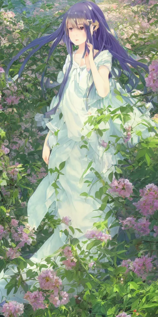 Image similar to a digital art full of atmosphere of a loli with long hair in a dress in the privet garden at after noon, green and warm theme, blue accents, back lighting, highly detailed, 4 k resolution, trending on art station, by krenz cushart and mucha and akihito yoshida and greg rutkowski and makoto shinkai