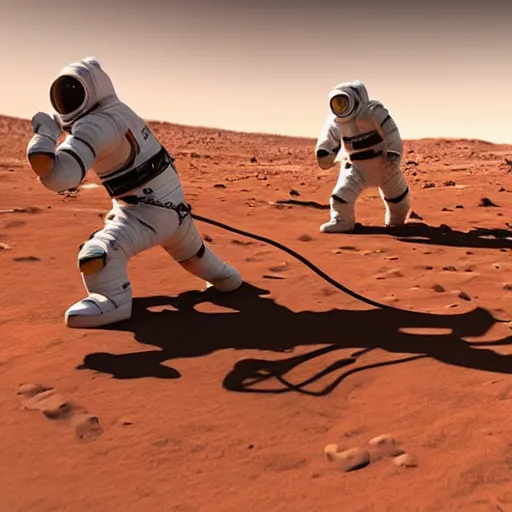 Image similar to 👩🚀 astronauts playing tug of war on mars. photorealistic unreal engine highly detailed.