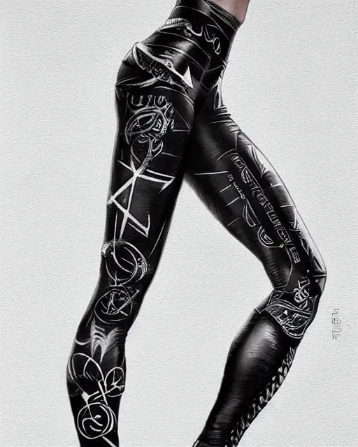 Prompt: Perfect leggings pattern imitating elfish tattooes, focus on the pants and boots with graved runes, close-up on legs, highly detailed, digital painting, artstation, concept art, smooth, sharp focus, illustration, art by Artgerm and Hajime Sorayama