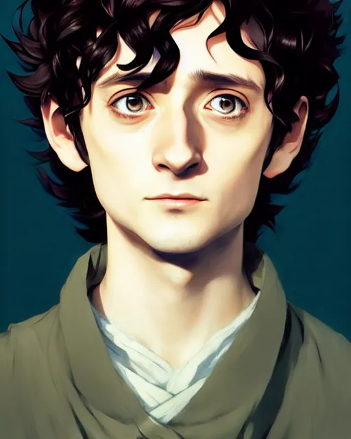 Image similar to portrait Anime playing Frodo Baggins || cute-fine-face, pretty face, realistic shaded Perfect face, fine details. Anime. realistic shaded lighting by Ilya Kuvshinov katsuhiro otomo ghost-in-the-shell, magali villeneuve, artgerm, Jeremy Lipkin and Michael Garmash and Rob Rey Elijah Wood