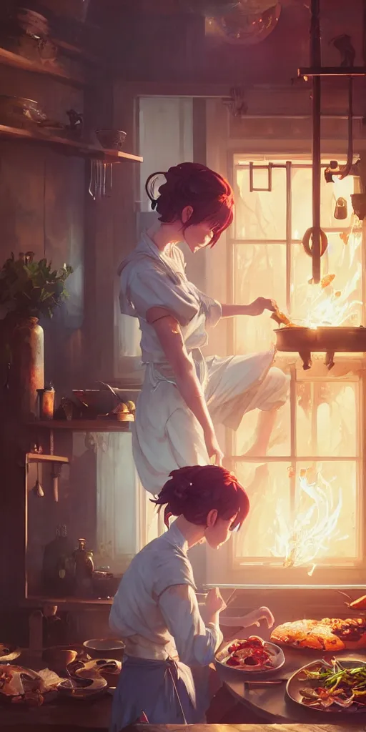 Prompt: girl cooking dinner, food wars, stephen bliss, unreal engine, fantasy art by greg rutkowski, loish, rhads and lois van baarle, ilya kuvshinov, rossdraws, tom bagshaw, alphonse mucha, global illumination, detailed and intricate environment