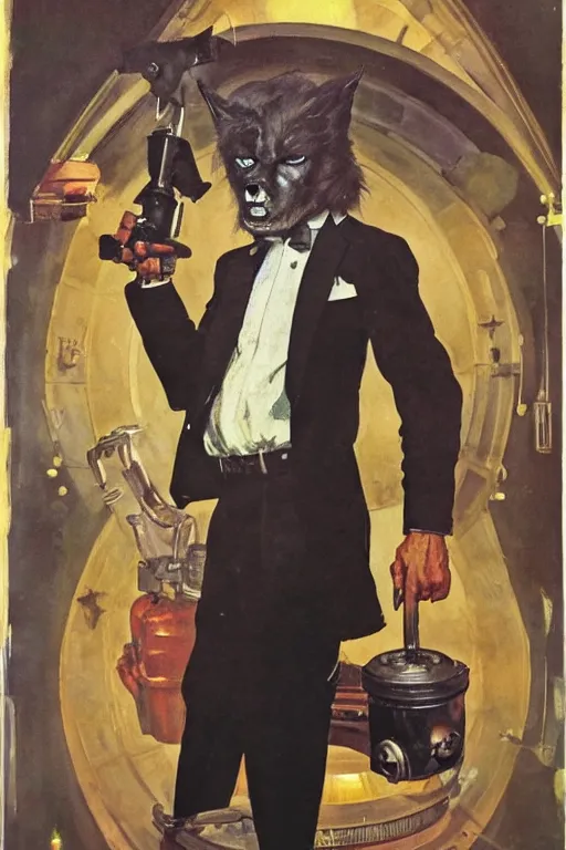 Prompt: 5 0 s pulp scifi fantasy illustration full body portrait werewolf in tuxdeo, by norman rockwell, roberto ferri, daniel gerhartz, edd cartier, jack kirby, howard v brown, ruan jia, tom lovell, frank r paul, jacob collins, dean cornwell, astounding stories, amazing, fantasy, other worlds