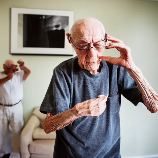 Image similar to elderly man dabbing, nursing home, canon eos r 3, f / 1. 4, iso 2 0 0, 1 / 1 6 0 s, 8 k, raw, unedited, symmetrical balance, wide angle