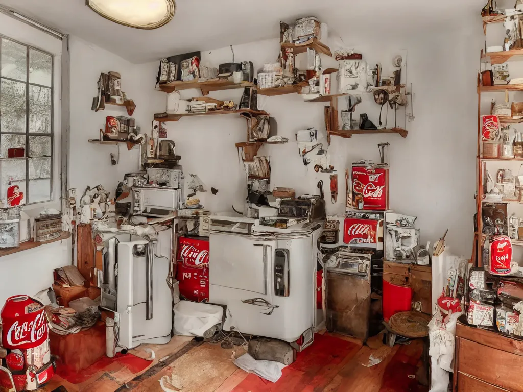 Image similar to a photo of a room with excellent interior design, natural light, some dappled light, vintage coca cola refrigerator