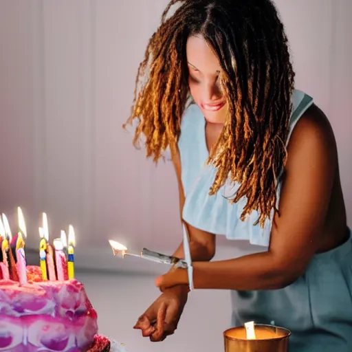 Prompt: a iPhone photo of a young woman blowing out the candles on her birthday cake