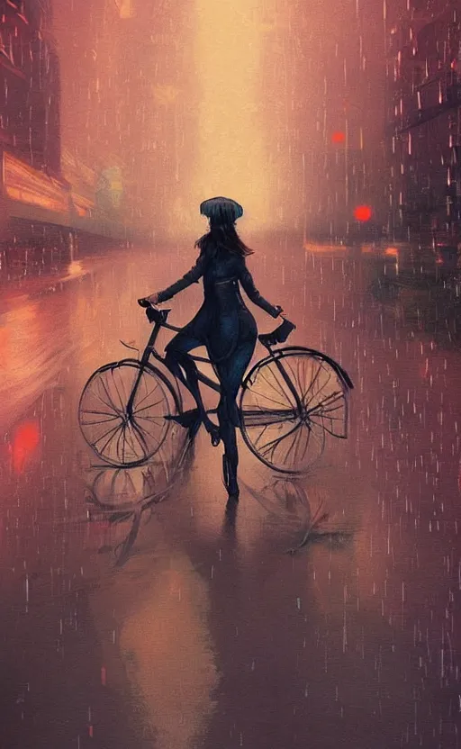 Image similar to a beautiful illustration of a woman riding a bicycle in a rainy night, fiery particles!!!, anime aesthetic, midnight theme, depth of field, bokeh, composition study, featured on artstation, by art by artgerm and greg rutkowski and alphonse mucha, vertical orientation