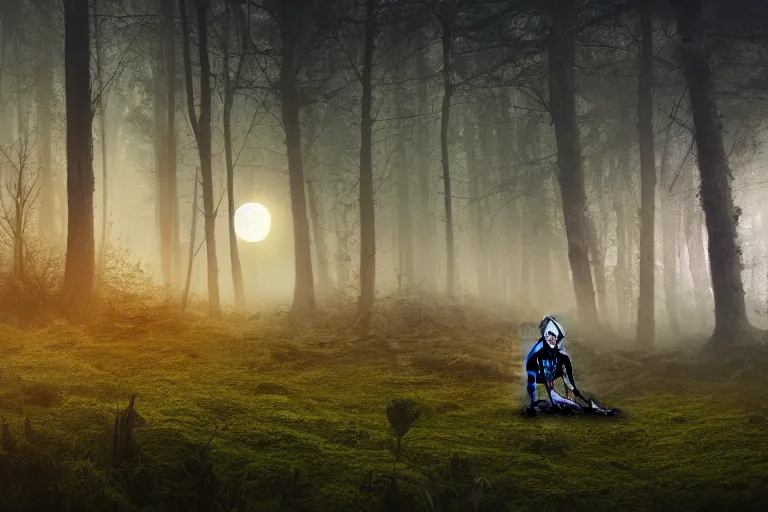 Image similar to a burning human skeleton sitting in foggy forest behind computer at moonlight night, overgrown with moss, light, dark atmosphere, dark fantasy, highly detailed