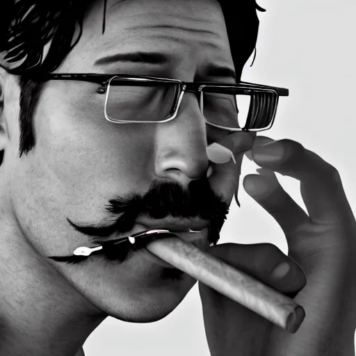 Image similar to a closeup photo of handsome gigachad markiplier smoking a cigar, 8k photorealism, extremly detailed, trending on artstation