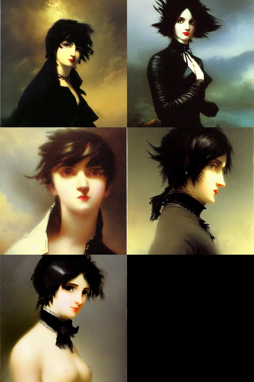 Prompt: goth painted by ivan aivazovsky. high - quality character portrait. short dark brown messy pixie haircut, large black eyes, slightly rounded face, pointed chin, small nose, black tank top, black leather jacket, black knee - length skirt, black choker.