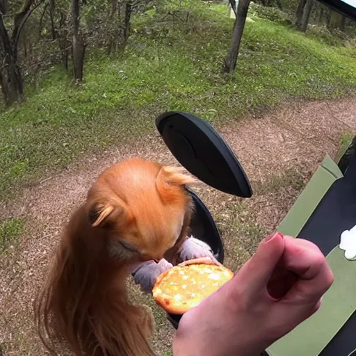 Prompt: Trailcam footage of Chuu from LOONA eating a burger