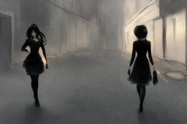 Prompt: a woman in a black dress and thigh highs walking in a dark soviet city, digital drawing, beautiful face, volumetric, by makoto shinkai, by yoshitaka amano, by greg rutkowski, by dan mumford, highly detailed, composition, 4 k, forward facing pose, detailed street