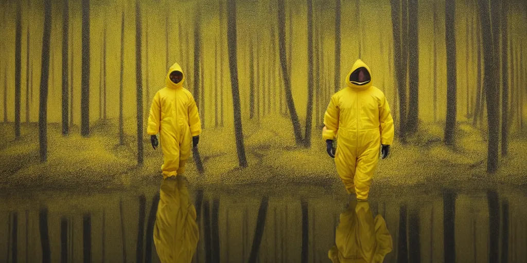 Prompt: a man in a yellow hazmat suit carries a barrel of nuclear waste and stands in a small lake with reflections in a detailed forest, painting, concept - art!!, rendering, octane, redshift, cinematic composition, volumetric lighting