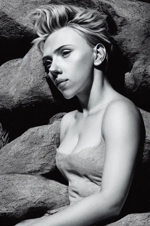 Prompt: portrait of scarlett johansson sitting with full face full figure on a rock near some ruins, in the style of expressionism, soft light, volumetric light, subsurface scattering, translucent skin, john singer sargent