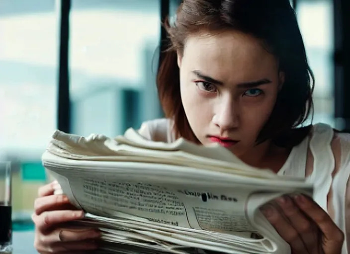 Prompt: film still. screenshot. young woman. sitting at a table. holding a newspaper. extreme close up. focused on newspaper. in public cafeteria. extremely detailed. directed by christopher nolan and denis villeneuve. 4 k.