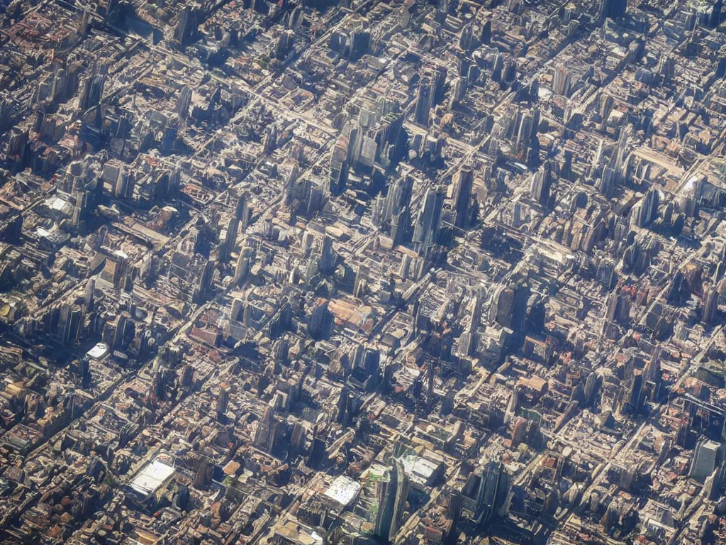 Image similar to city is being destroyed by a falling meteor, view from above, explosion, shreds, ruins