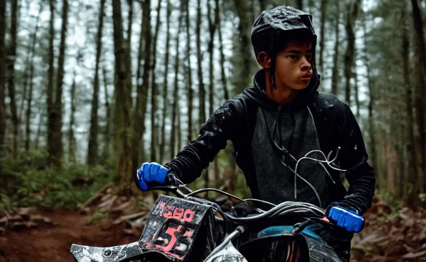 Prompt: cinestill 5 0 d candid photographic portrait by steven spielberg of a mixed teen wearing rugged black mesh techwear on a dirtbike through a dark forest, extreme closeup, modern cyberpunk moody emotional cinematic, snow storm, 8 k, hd, high resolution, 3 5 mm, f / 3 2, ultra realistic faces, ex machina