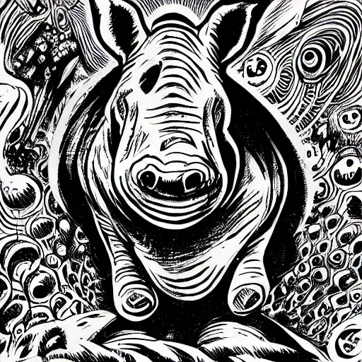 Image similar to black and white trippy comic art of a rhino, lots of particles, drawn by Martin Rowson, Tim Burton, Studio Ghibli, Alex Pardee, Nekro Petros Afshar, James McDermott, cgsociety 4K
