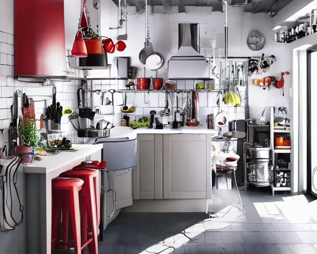 Image similar to IKEA catalogue photo of a cyberpunk farmhouse kitchen, by Alex Grey